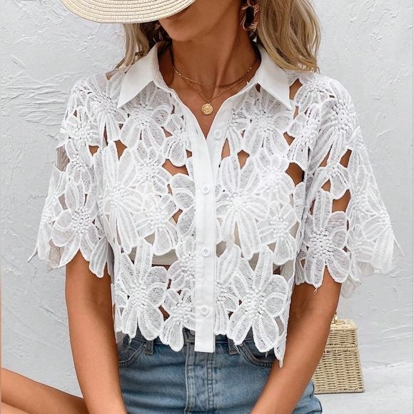 Tops - Women Solid Color Simple Hollow Out Fashion Shirt
